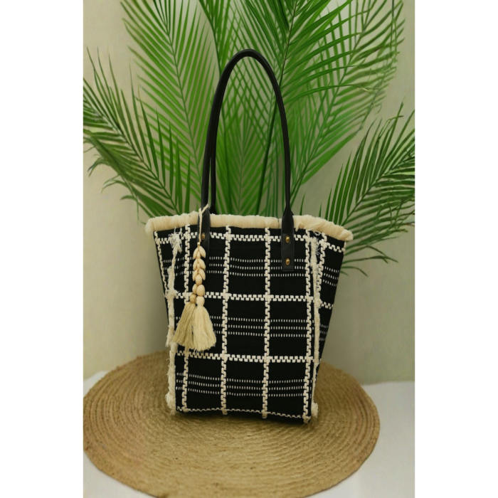 Woven Tassel Tote Bag with Brown Handles – Stylish Everyday Shoulder Bag - Image 2
